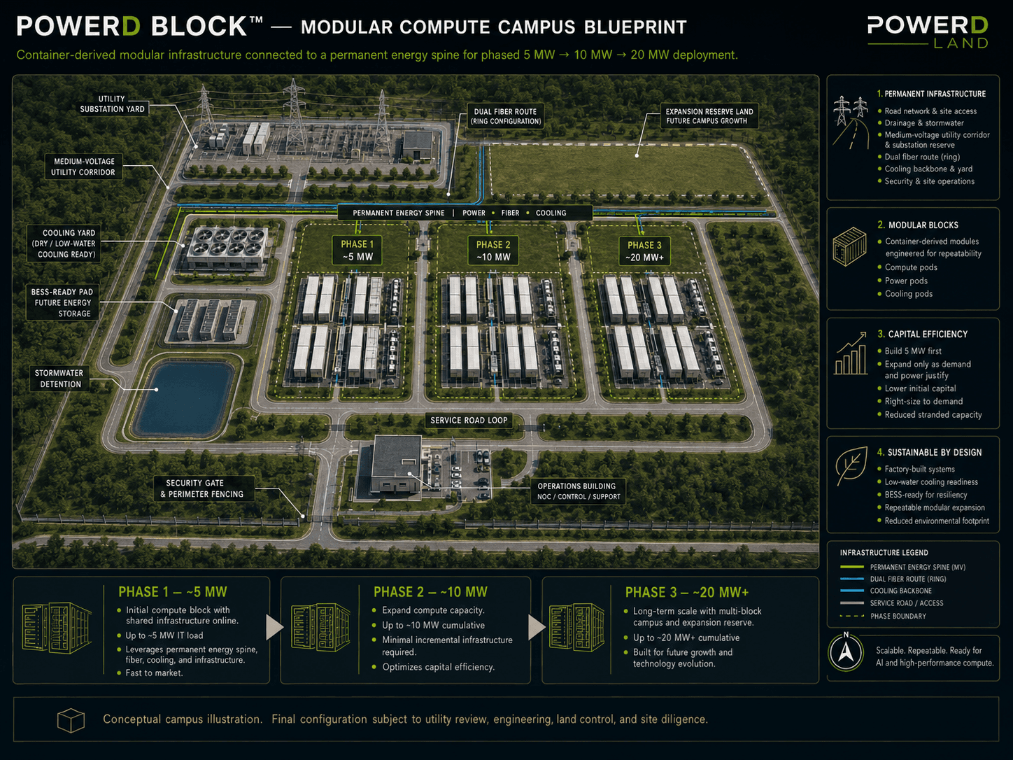 POWERD BLOCK modular compute campus blueprint showing phased 5, 10, and 20 megawatt build-out around a permanent energy spine with substation, cooling yard, and fiber ring
